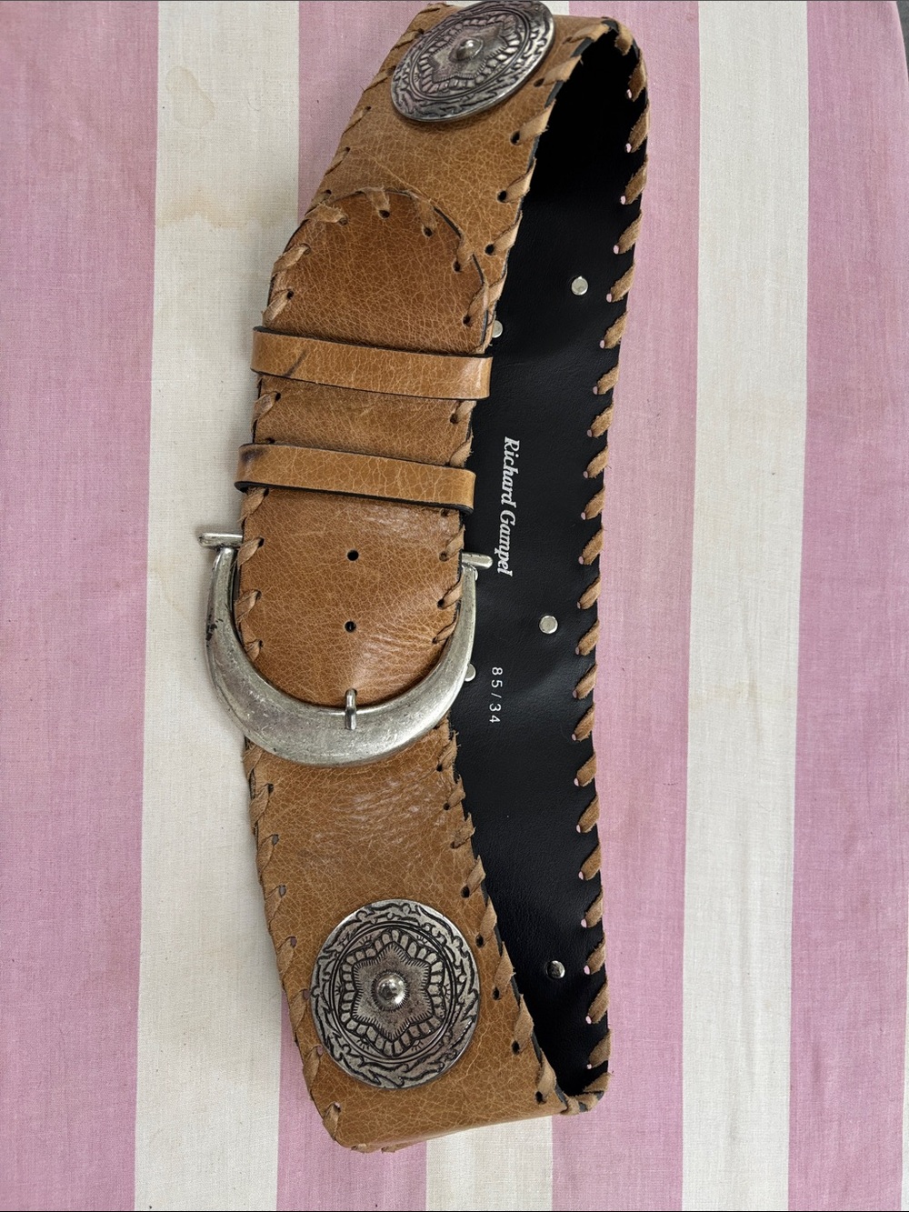 Richard Gampel Vintage Tan Leather Belt with Silver Accents